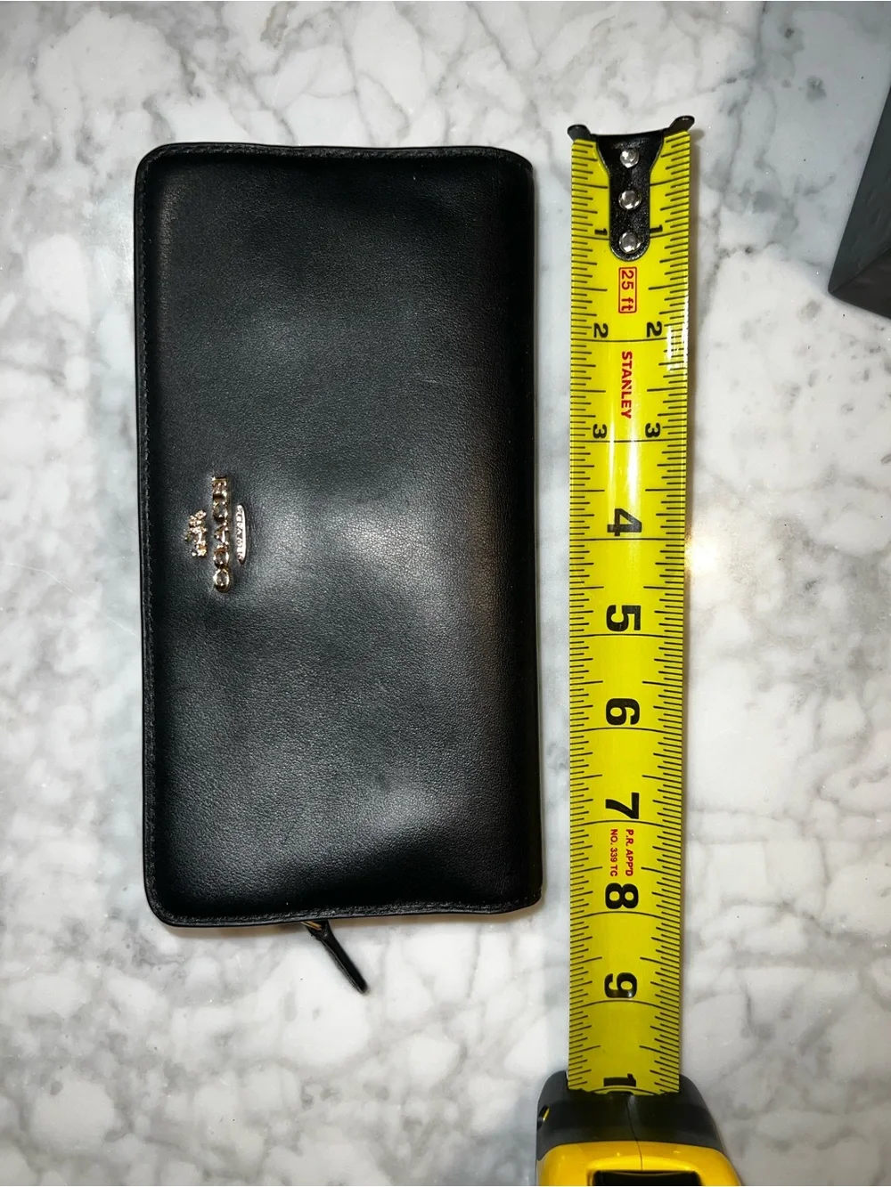 Black Leather Pocketbook/Zippered Wallet with Gold Tone Logo